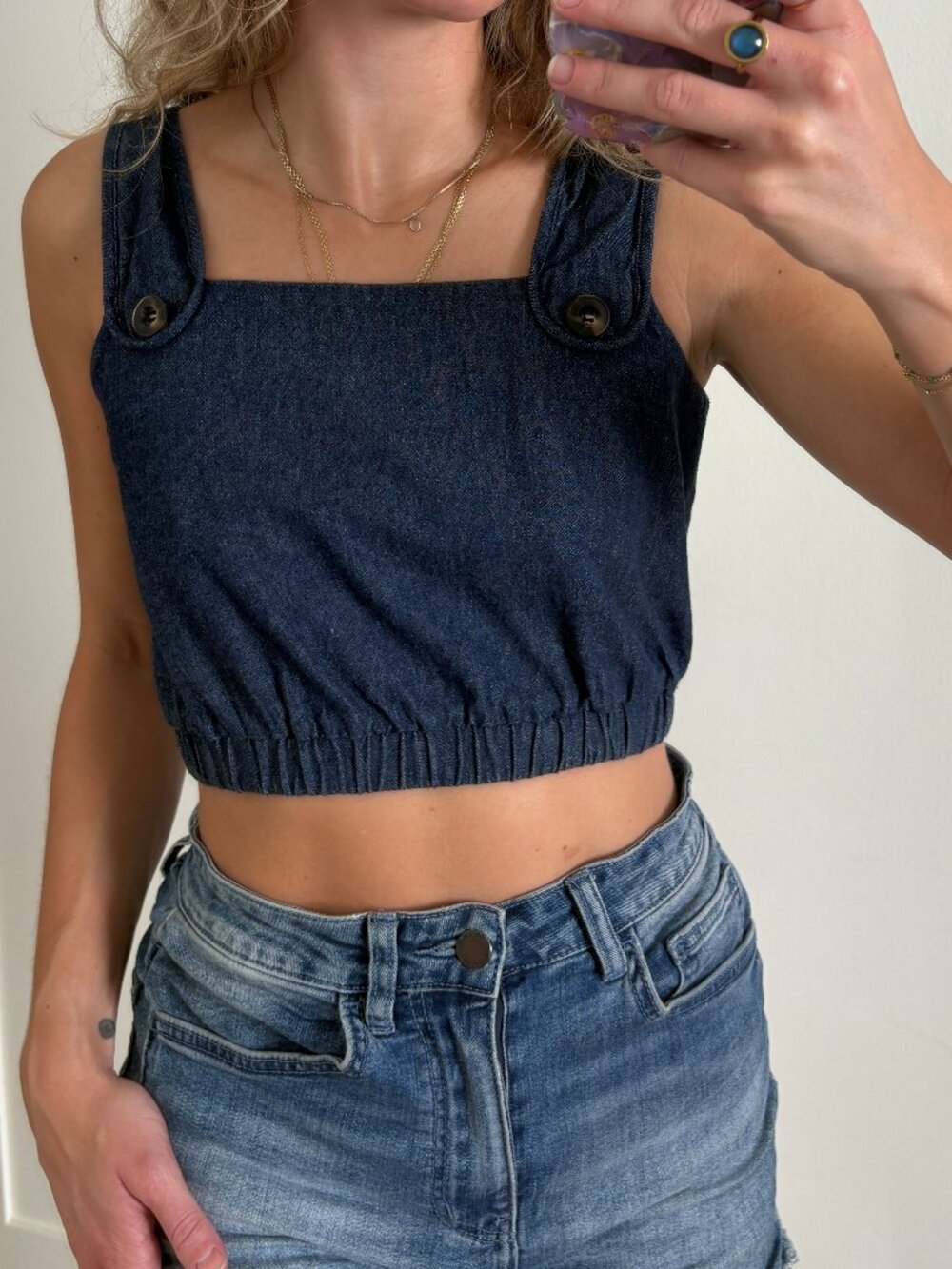 Staud The Finn Denim Crop Top Blue XS Structured Tank